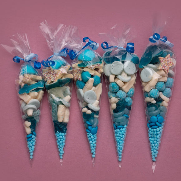 Blue themed sweet cones in five sizes
